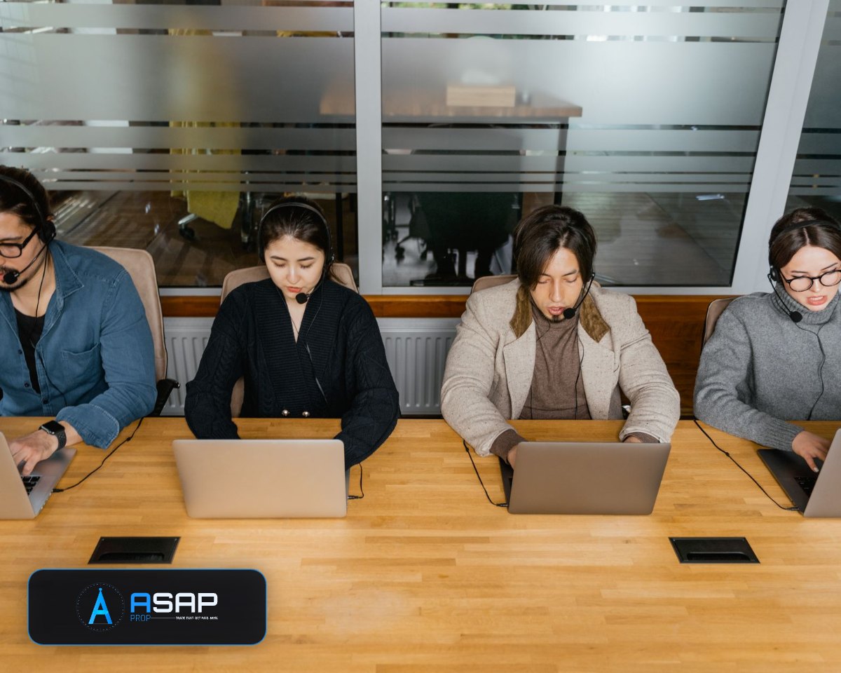 Equipe de suporte da ASAP Prop atendendo no escritório